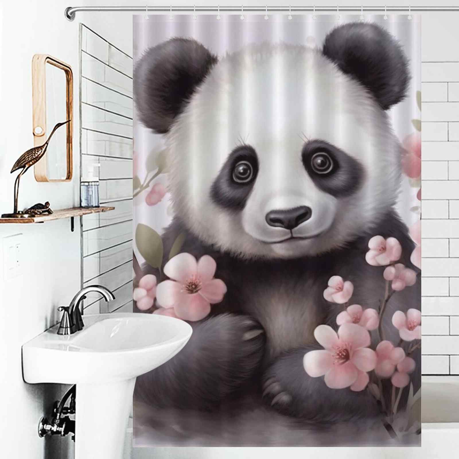 A bathroom shower curtain adorned with Cute Baby Panda Shower Curtain-Cottoncat baby pandas surrounded by beautiful flowers.