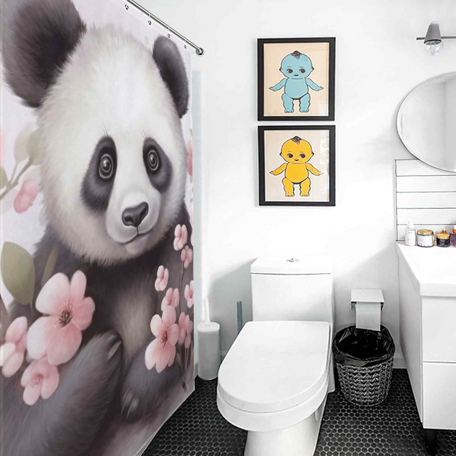 A bathroom with a Cute Baby Panda Shower Curtain by Cotton Cat.