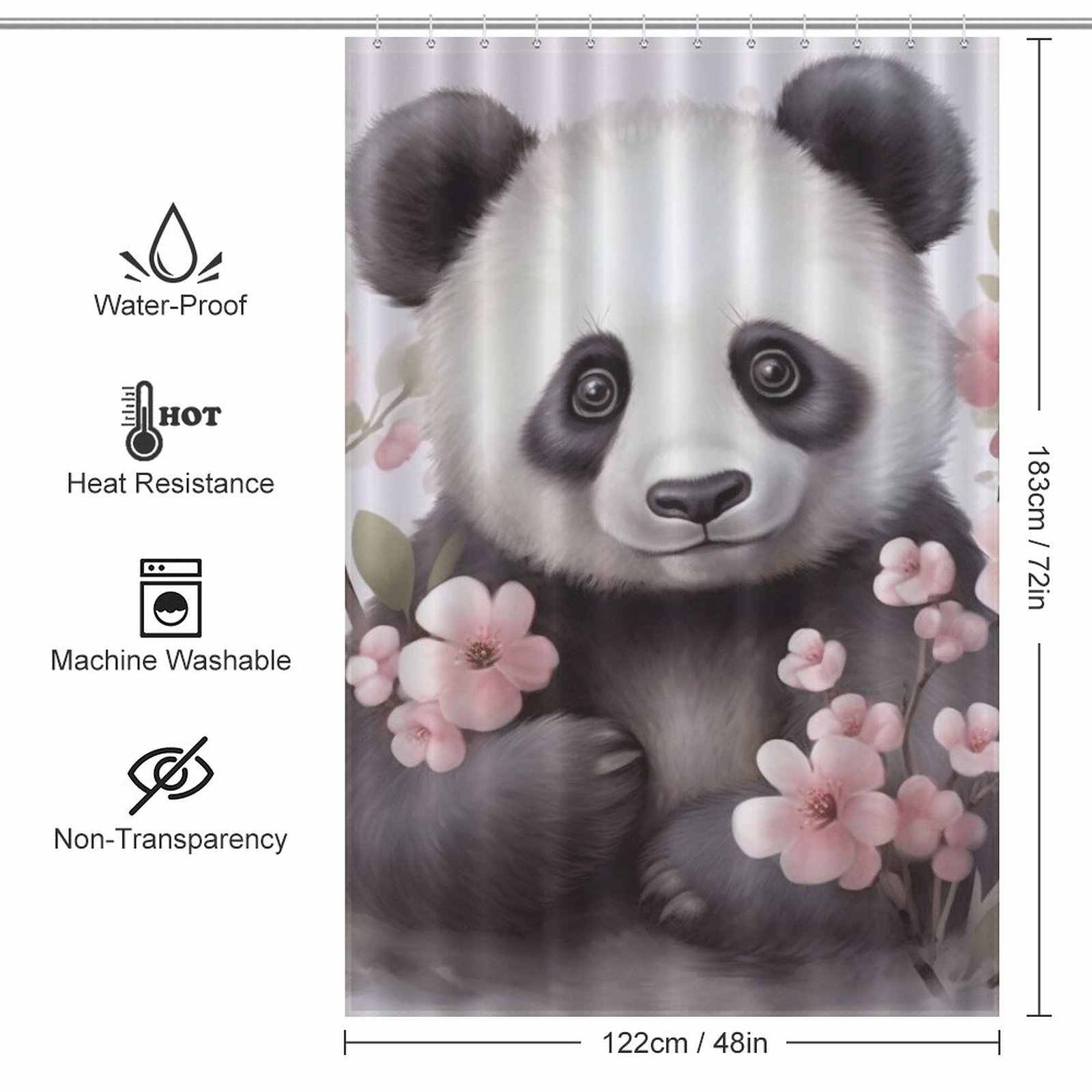 A Cute Baby Panda Shower Curtain by Cotton Cat, featuring adorable baby pandas and pink flowers, perfect for your bathroom.