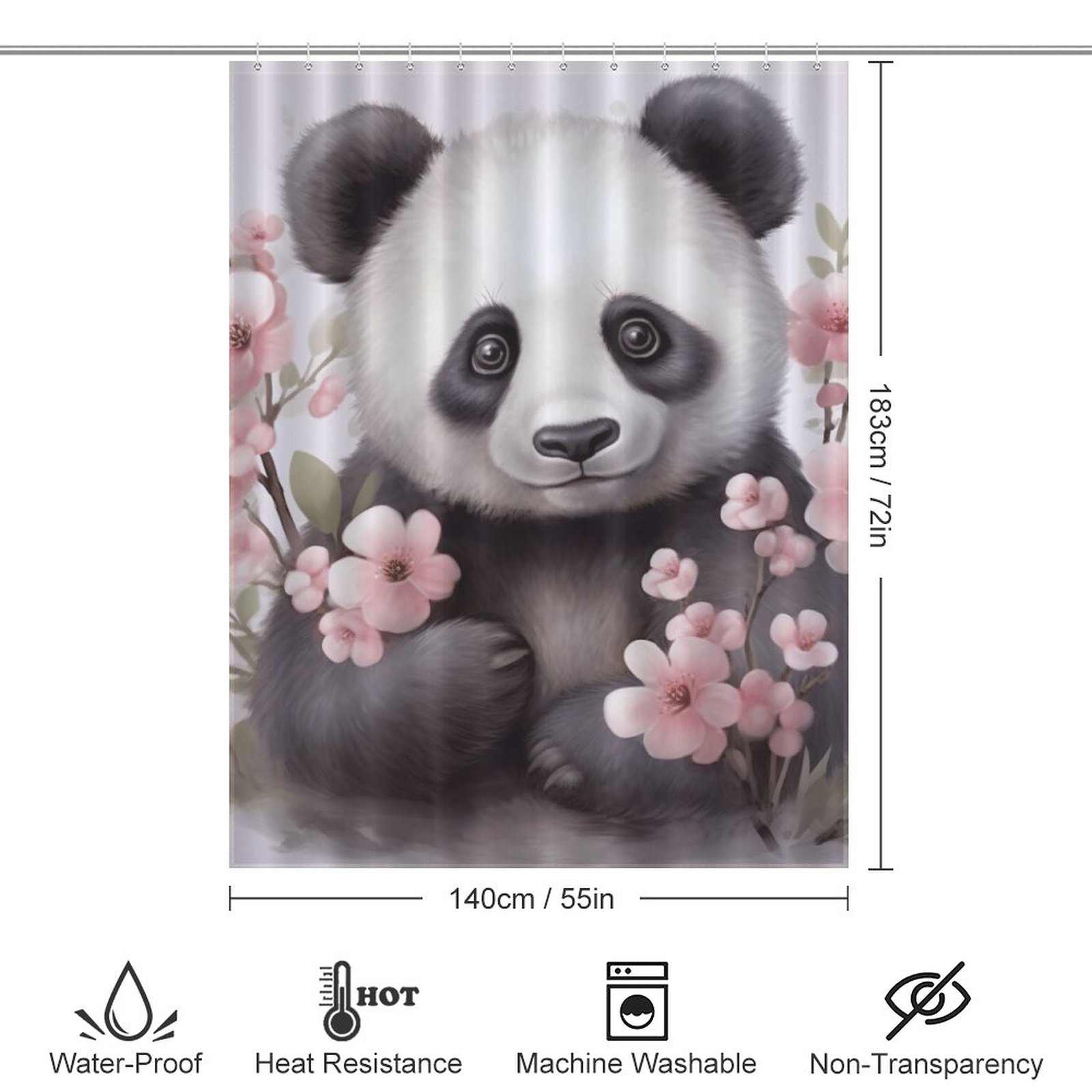 A Cute Baby Panda Shower Curtain with pink flowers for the bathroom by Cotton Cat.