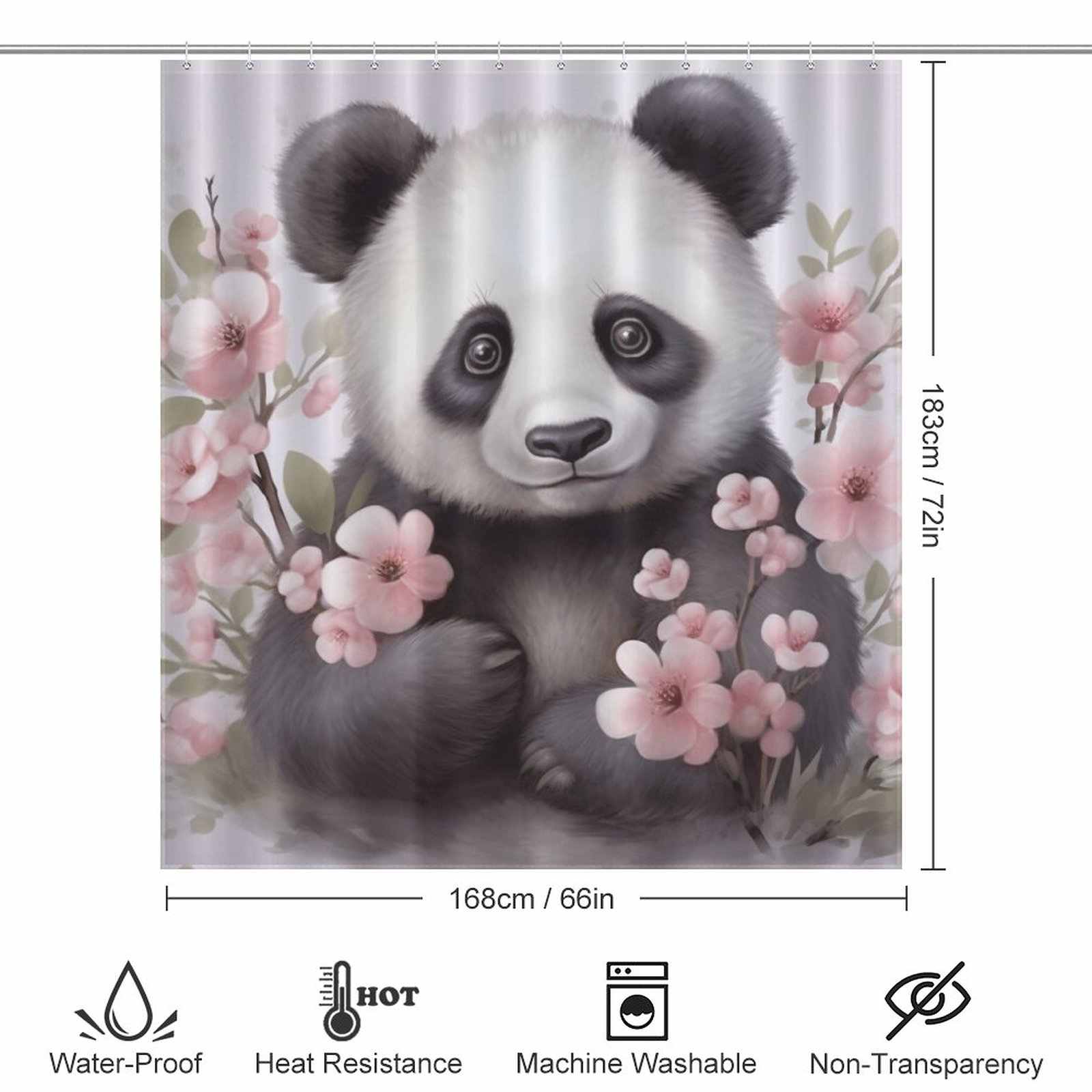 This Cotton Cat shower curtain features the Cute Baby Panda design, surrounded by pink flowers.