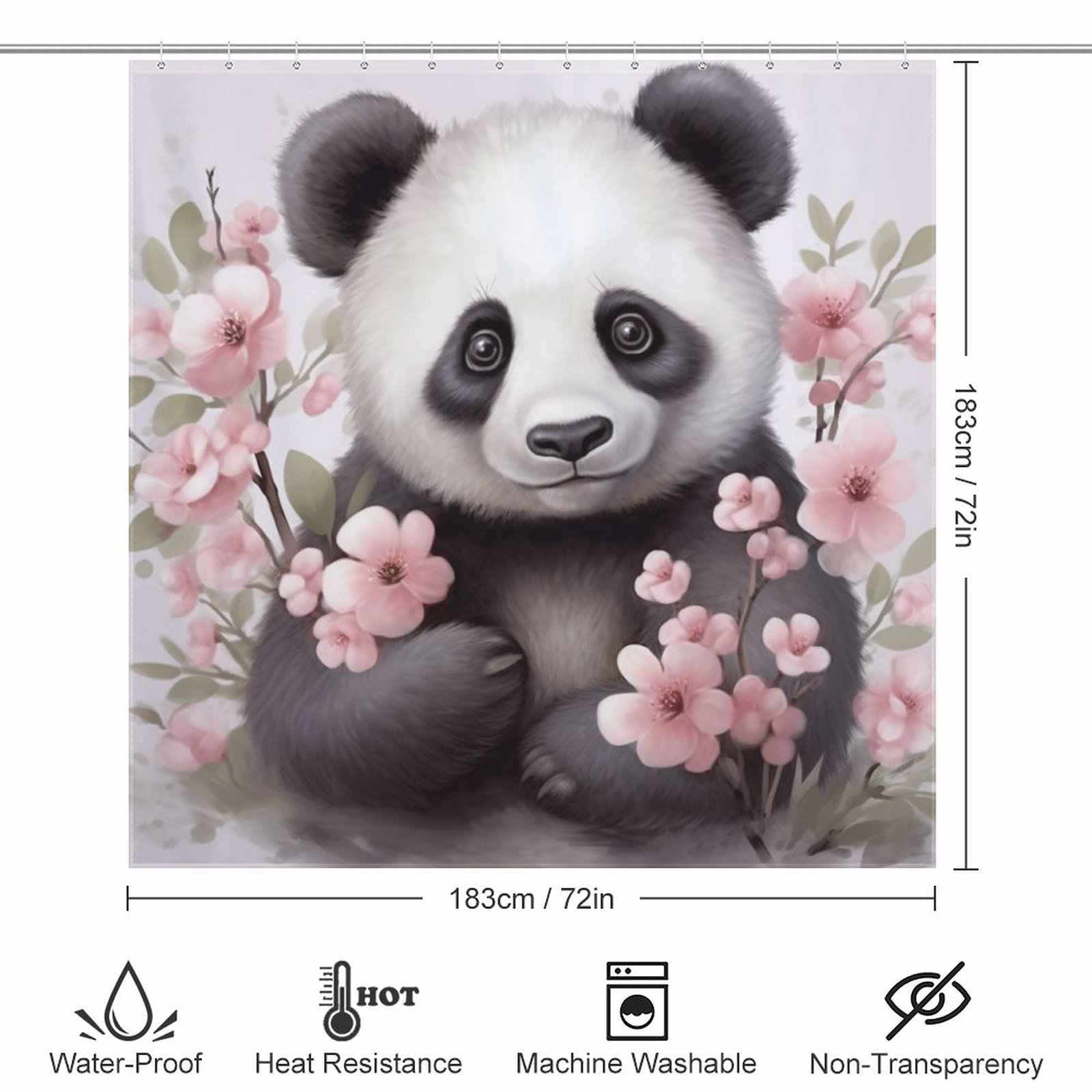 A Cute Baby Panda Shower Curtain with pink flowers, perfect for a bathroom.