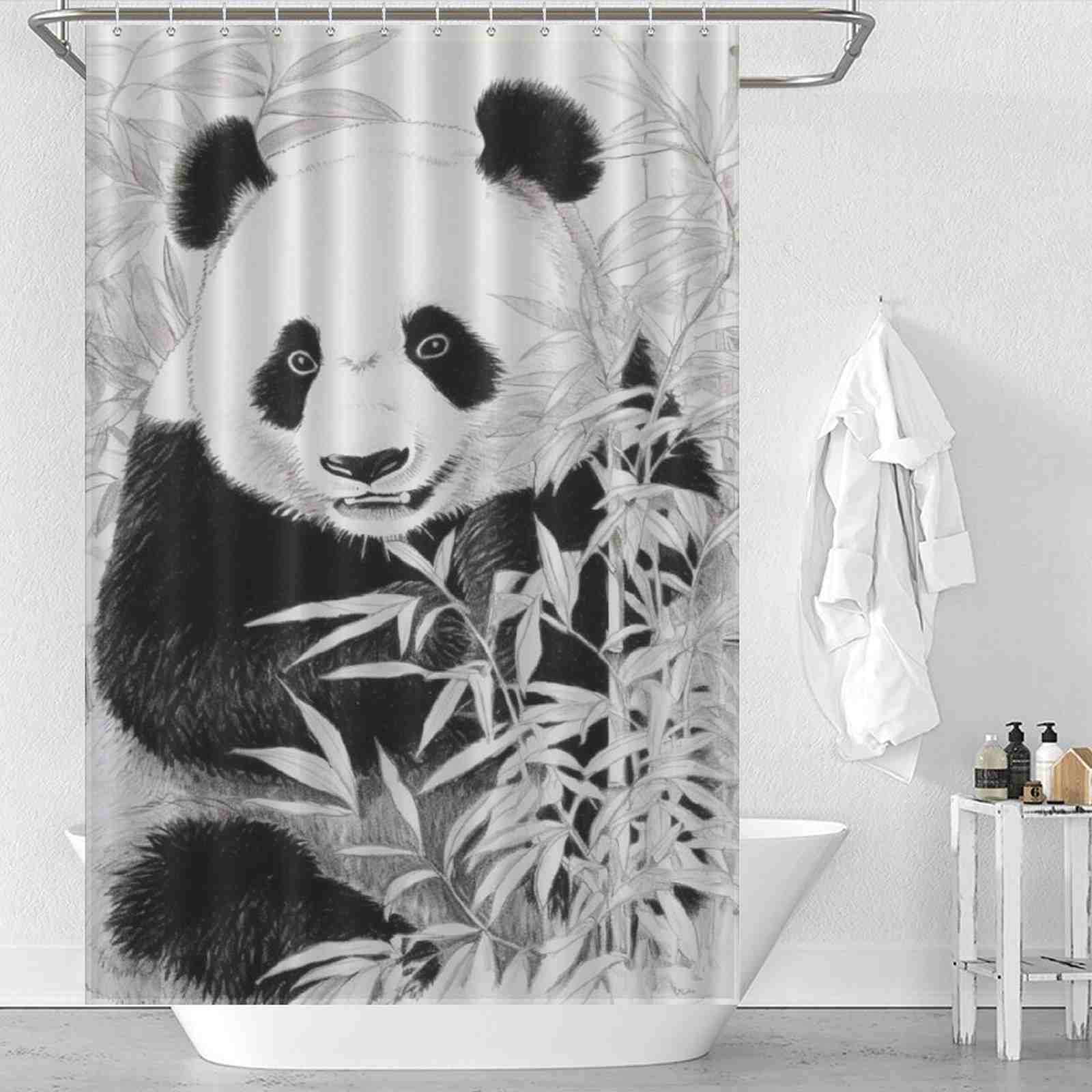 An adorable Funny Cute Panda Shower Curtain from Cotton Cat in black and white, perfect for bathroom decor.