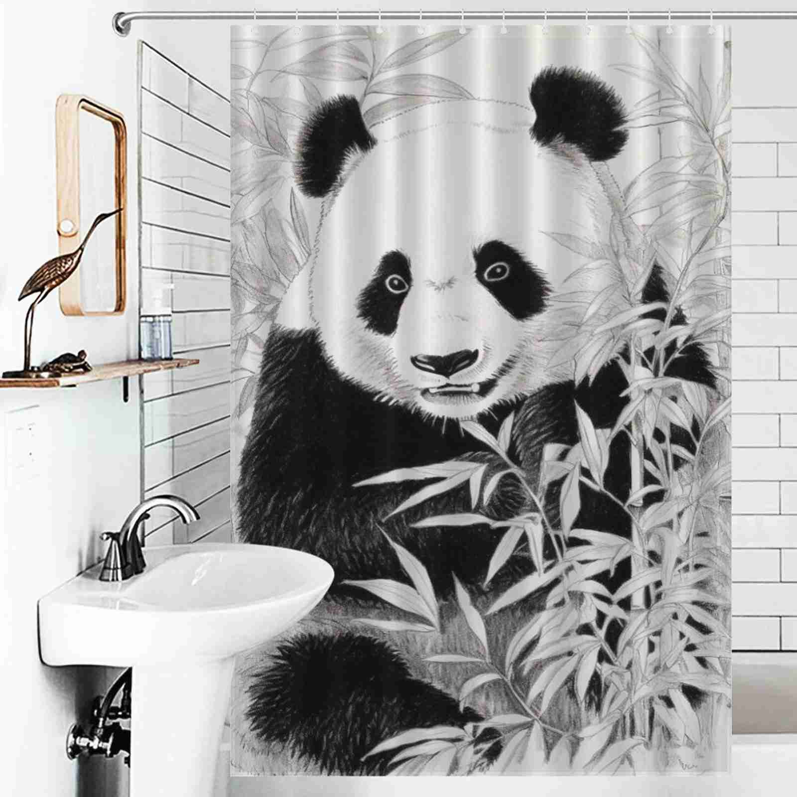 An adorable Funny Cute Panda Shower Curtain-Cottoncat in black and white, perfect for bathroom decor. Brand: Cotton Cat