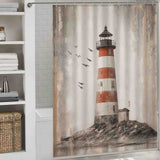 Rustic lighthouse shower curtain hangs in white bathroom