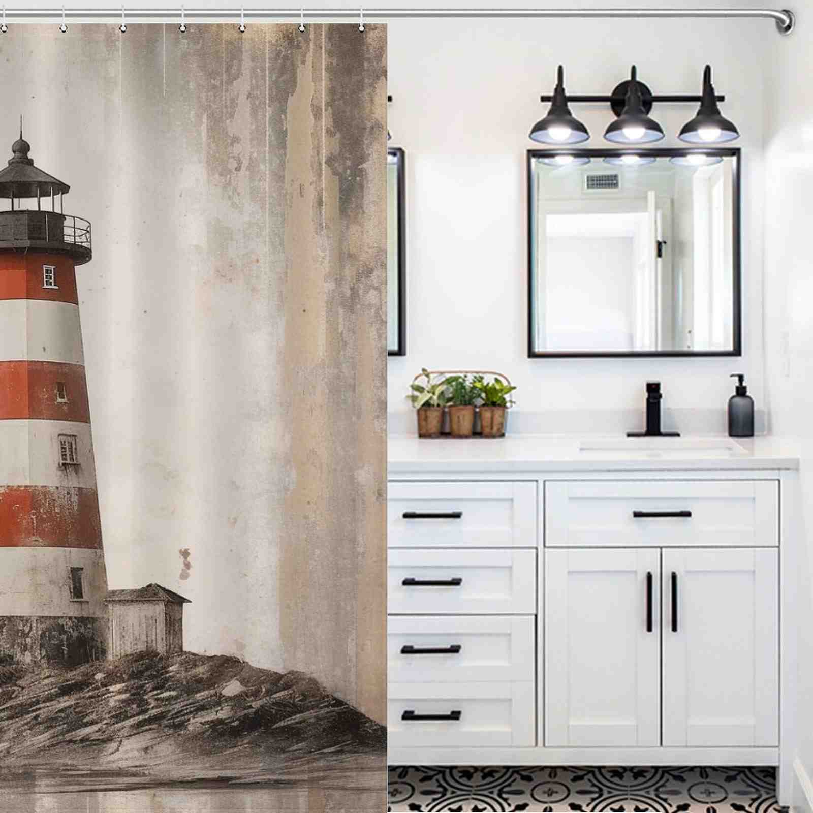 Rustic lighthouse shower curtain hangs in white bathroom