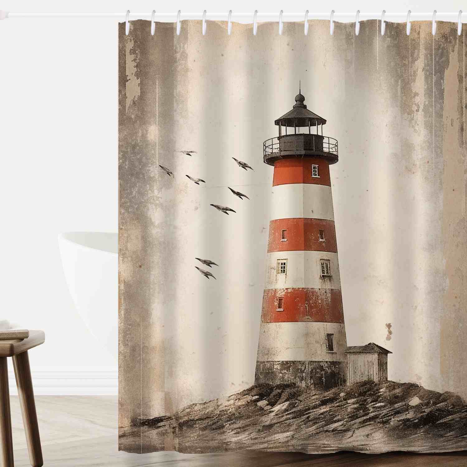 Rustic lighthouse shower curtain hangs in white bathroom