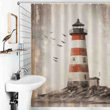 Rustic lighthouse shower curtain hangs in white bathroom