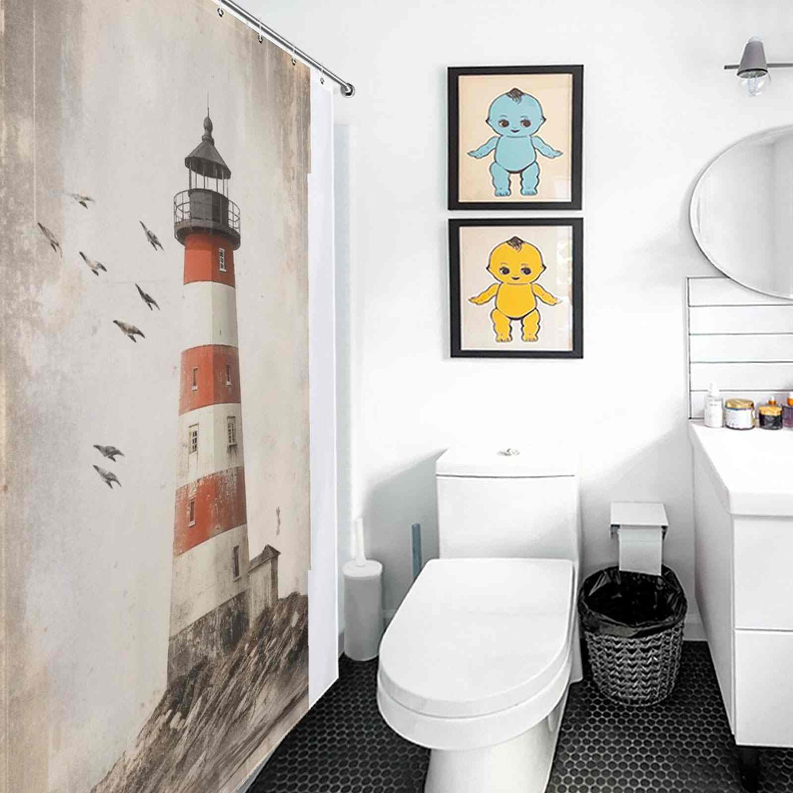 Rustic lighthouse shower curtain hangs in white bathroom