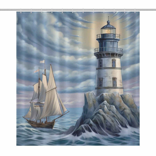 Sunrise coastal lighthouse shower curtain