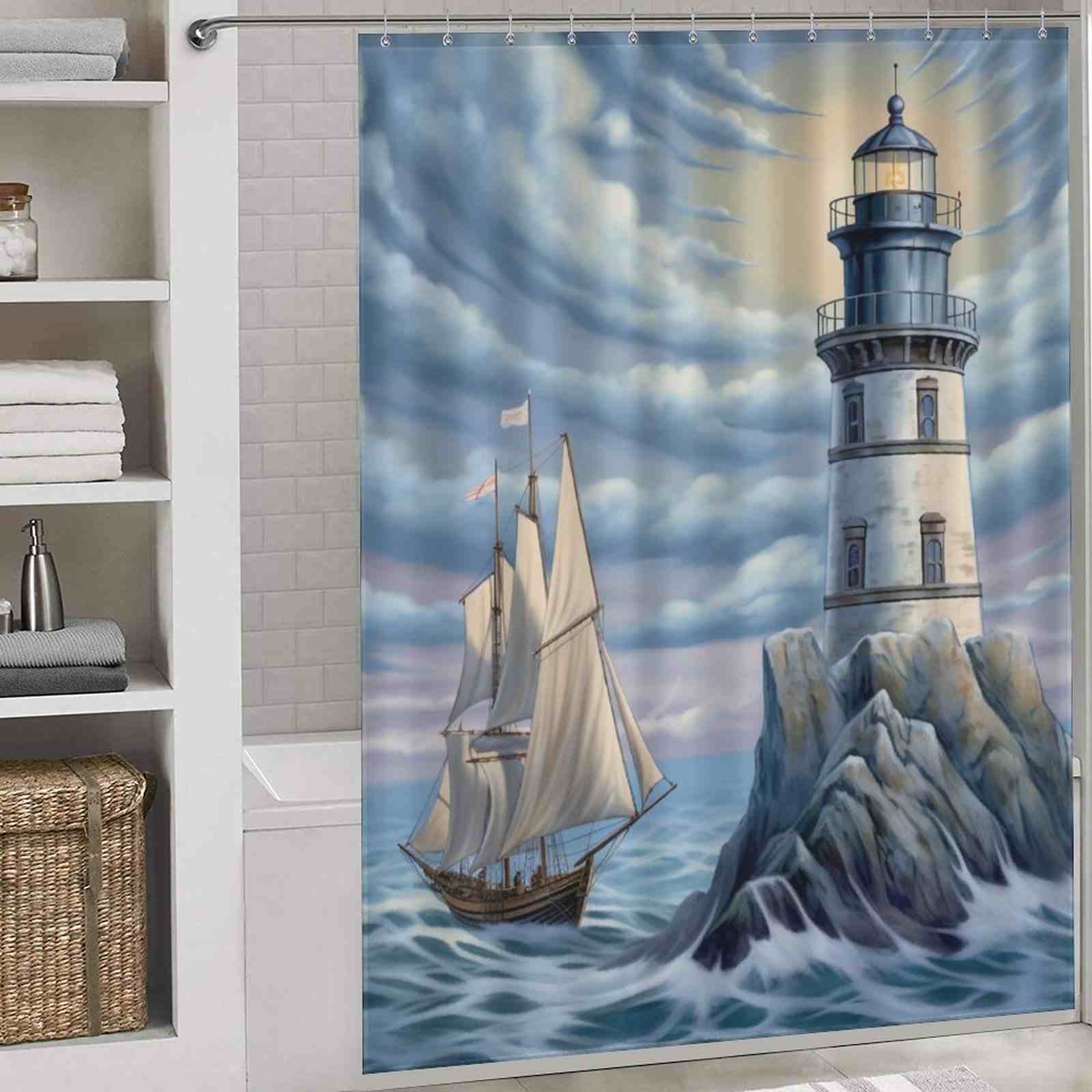 Sunrise coastal lighthouse shower curtain hangs in a white bathroom