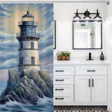 Sunrise coastal lighthouse shower curtain hangs in a white bathroom