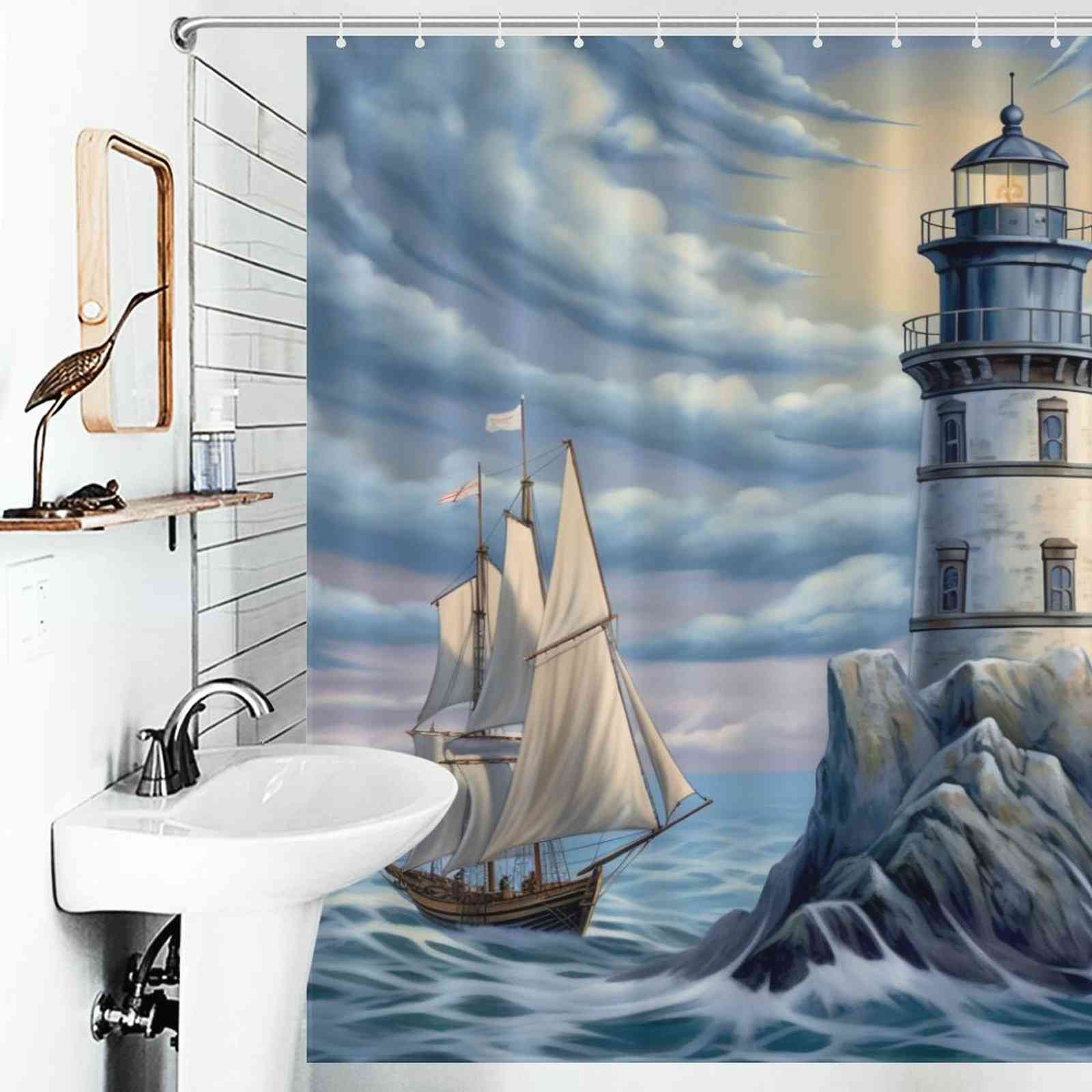 Sunrise coastal lighthouse shower curtain hangs in a white bathroom
