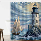 Sunrise coastal lighthouse shower curtain hangs in a white bathroom