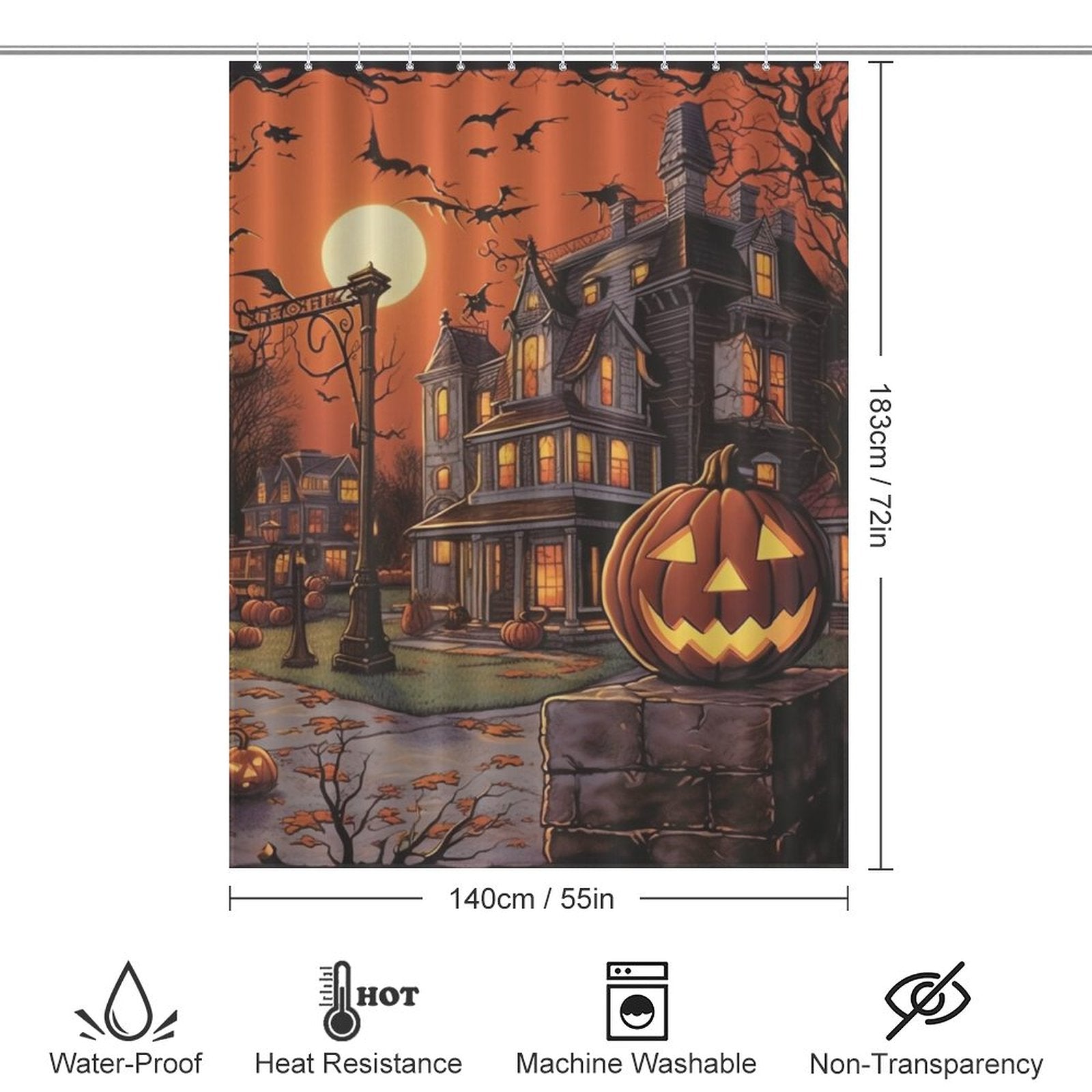 A Pumpkin Halloween Shower Curtain-Cottoncat featuring a 90s-style design with a jack o lantern and pumpkins, made by Cotton Cat.