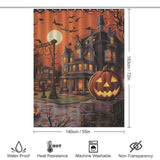 A Pumpkin Halloween Shower Curtain-Cottoncat featuring a 90s-style design with a jack o lantern and pumpkins, made by Cotton Cat.