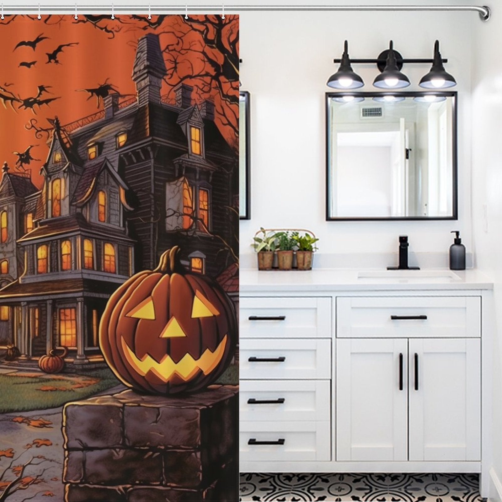 A bathroom with a Pumpkin Halloween Shower Curtain from Cotton Cat featuring a 90s-style design.