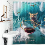 Cat Riding Shark Shower Curtain-Cottoncat - Cottoncat
