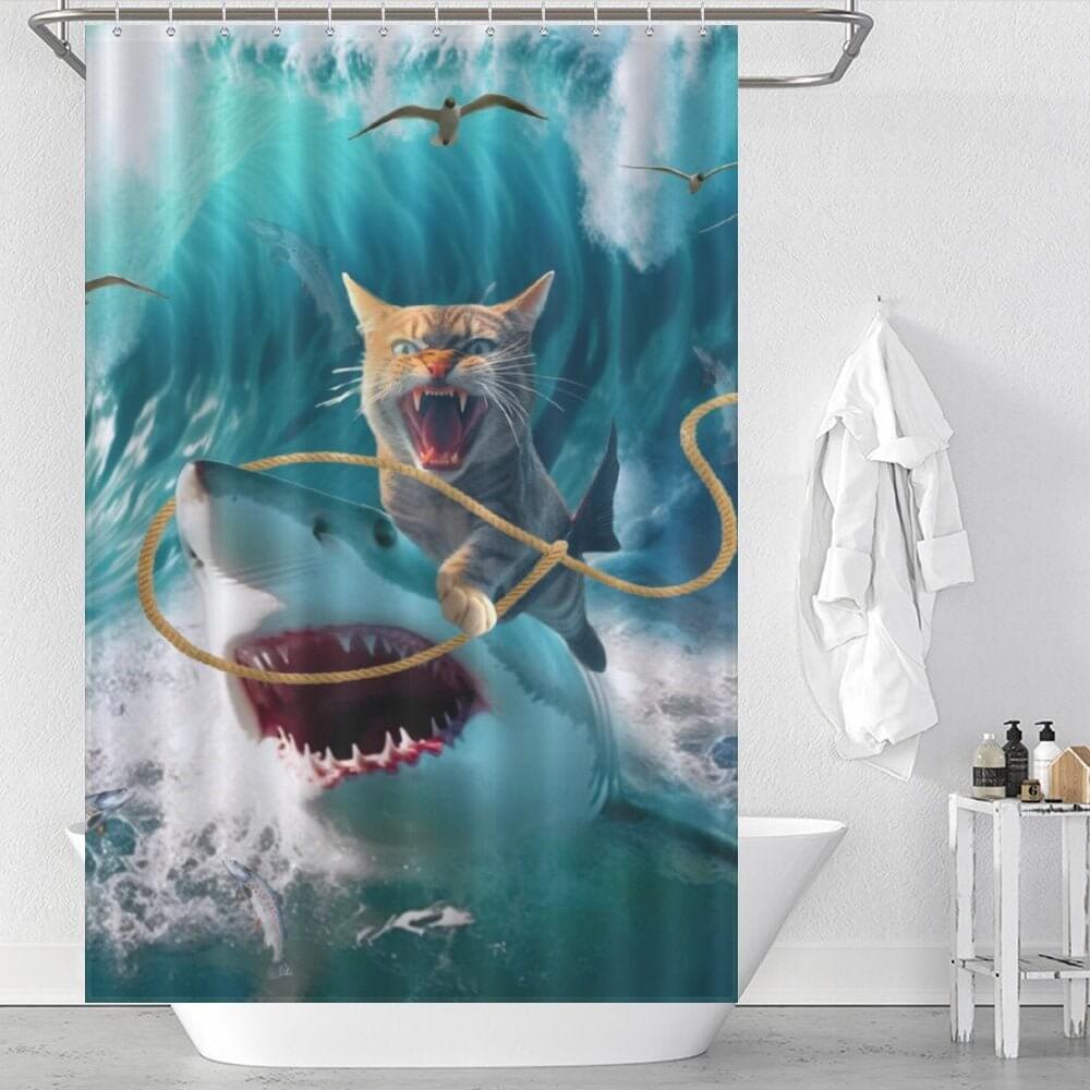 Cat Riding Shark Shower Curtain-Cottoncat - Cottoncat