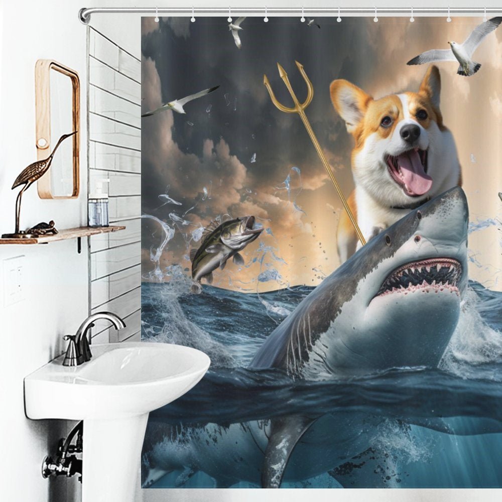 Corgi Shark Shower Curtain-Cottoncat - Cottoncat