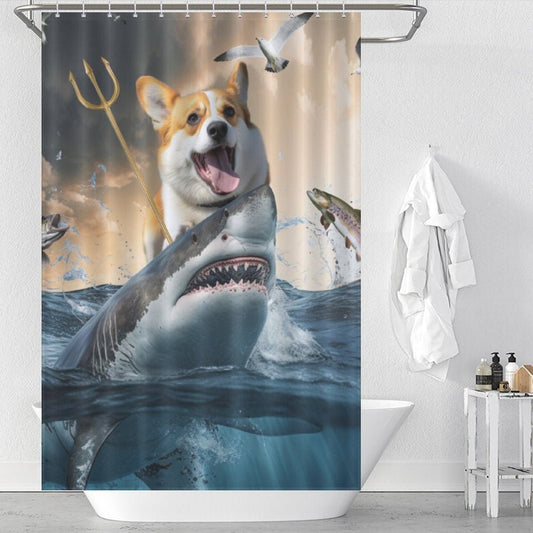 Corgi Shark Shower Curtain-Cottoncat - Cottoncat
