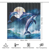 This waterproof Dolphin Over the Moon shower curtain by Cotton Cat is machine washable, making it perfect for adding a touch of ocean charm to your bathroom decor.