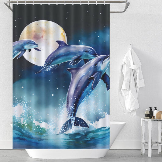 This waterproof Dolphin Over the Moon shower curtain from Cotton Cat is machine washable and perfect for adding a touch of oceanic beauty to your bathroom.