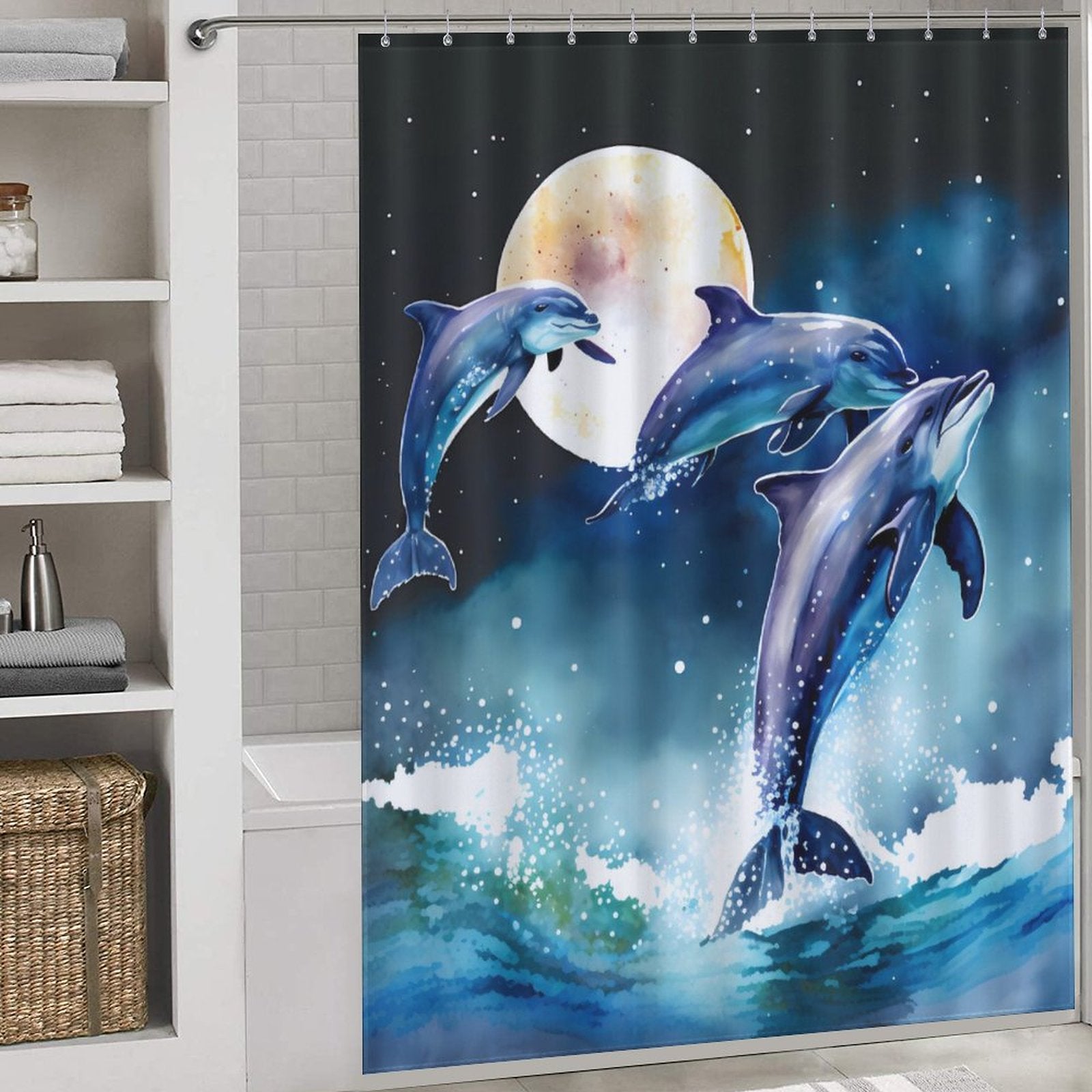 This waterproof Dolphin Over the Moon shower curtain from Cotton Cat is machine washable, perfect for adding a touch of marine charm to your bathroom.