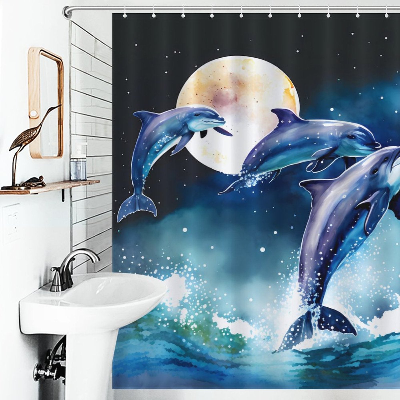 Dolphin Over the Moon Shower Curtain-Cottoncat available in a waterproof design by Cotton Cat.