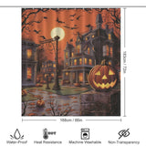 This Pumpkin Halloween Shower Curtain from Cotton Cat features a 90s-style design with pumpkins and bats, perfect for adding a festive touch to your Halloween-themed bathroom decor.