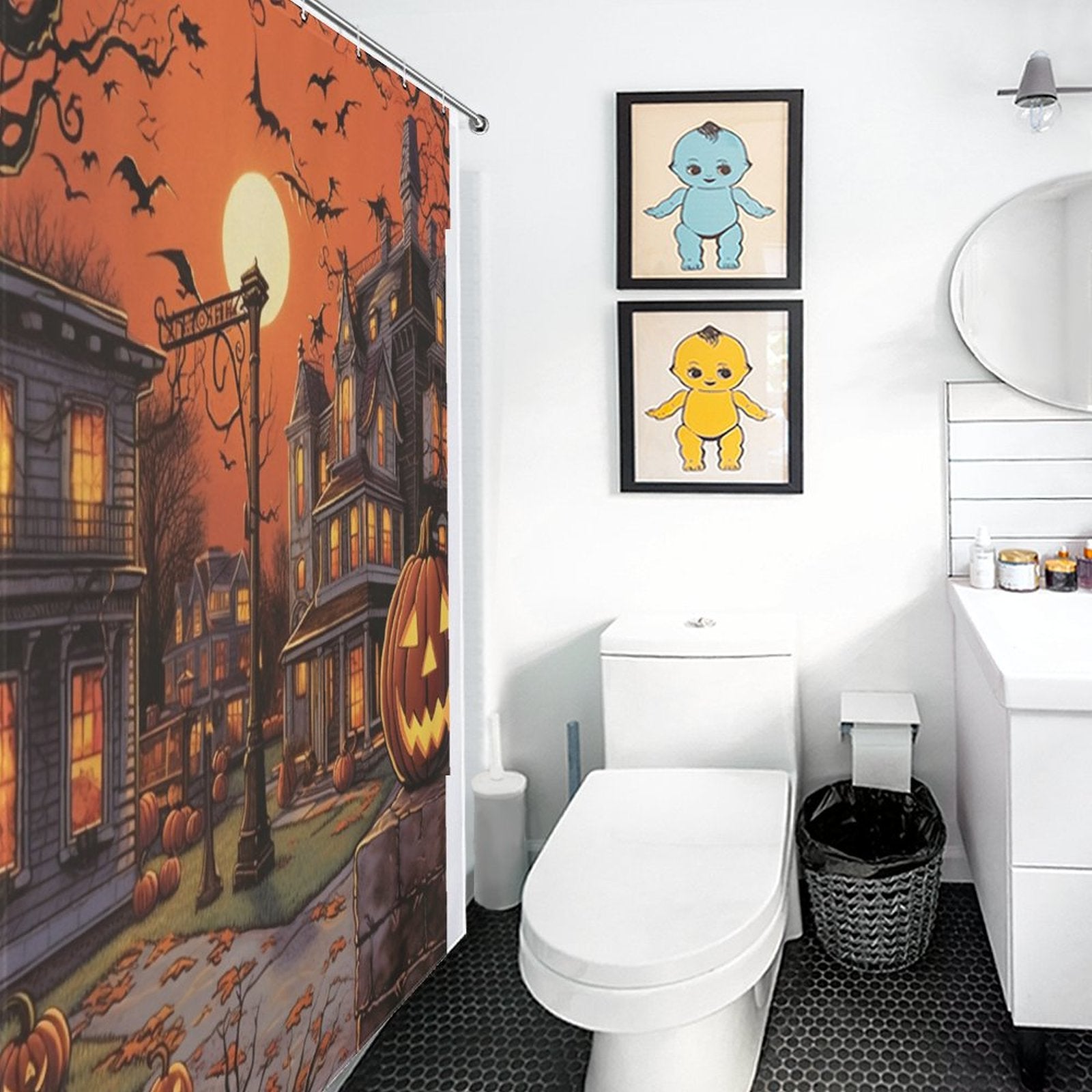 A bathroom with a Pumpkin Halloween Shower Curtain from Cotton Cat, featuring a pumpkin and 90s-style design.