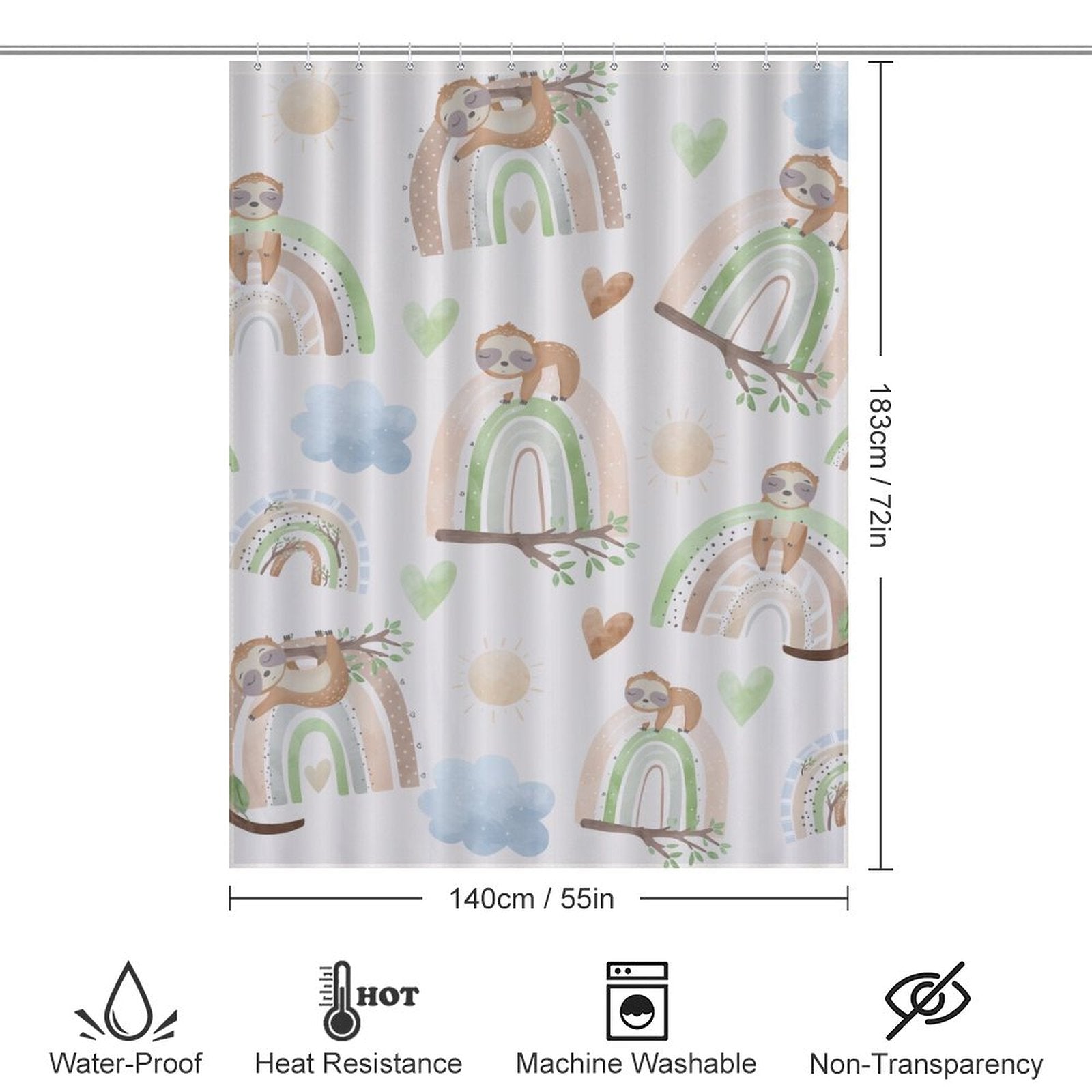 This Sloth Rainbow Shower Curtain-Cottoncat from Cotton Cat creates a calming oasis with its image of a sloth and rainbow.
