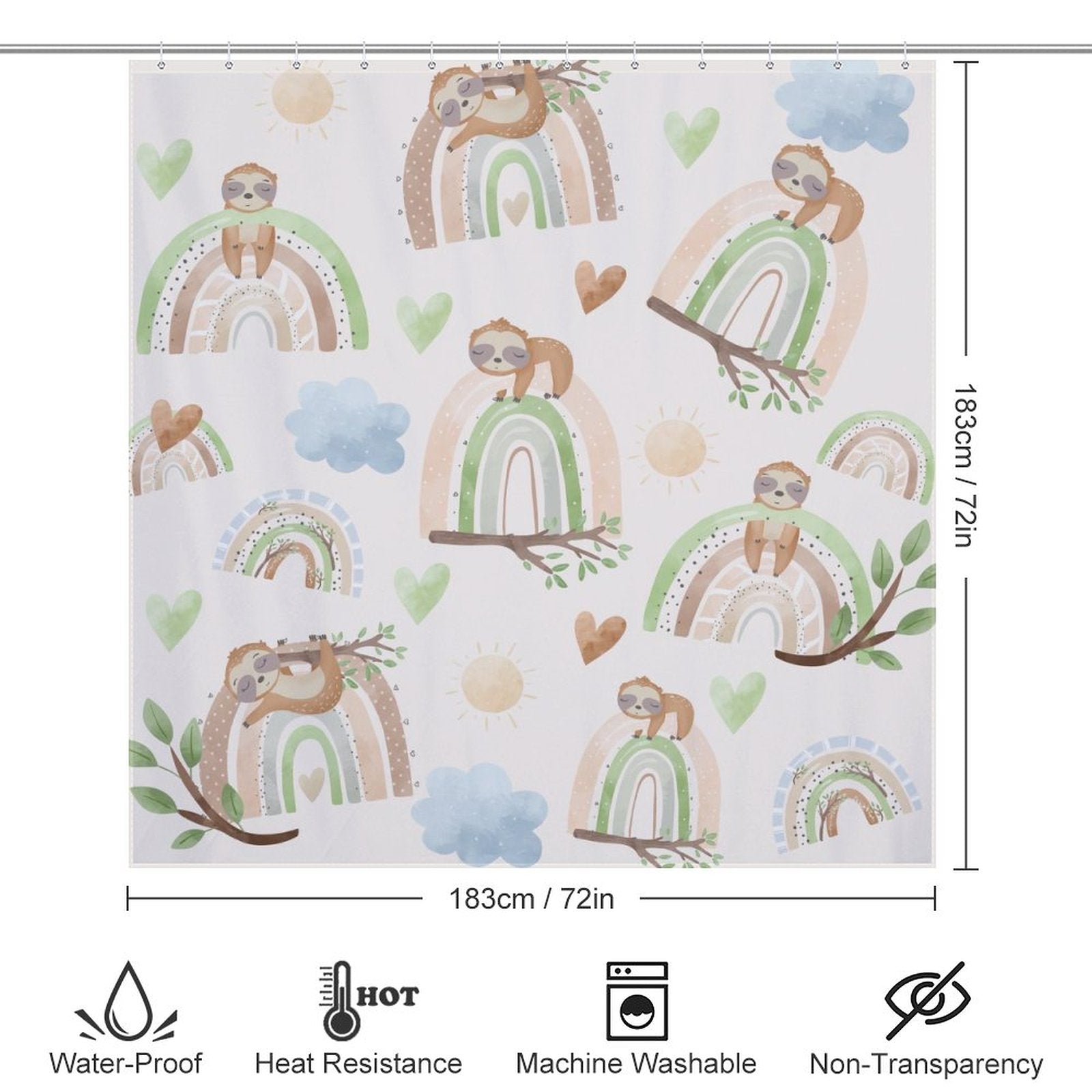 A Sloth Rainbow Shower Curtain-Cottoncat from Cotton Cat, with sloths and rainbows on it, creating a calming oasis.