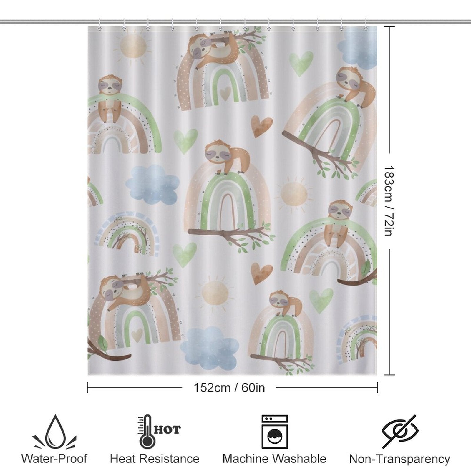 A Sloth Rainbow Shower Curtain-Cottoncat from Cotton Cat, depicting sloths and rainbows, creates a calming oasis.
