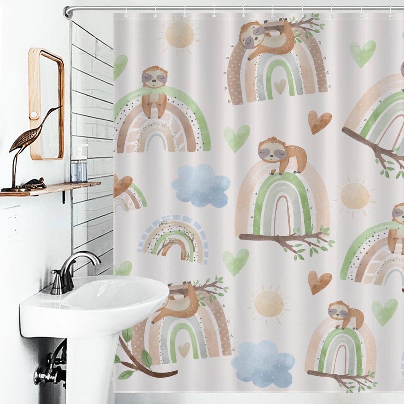 Create a calming oasis in your bathroom with a waterproof Sloth Rainbow Shower Curtain-Cottoncat featuring adorable sloths and vibrant rainbows by Cotton Cat.